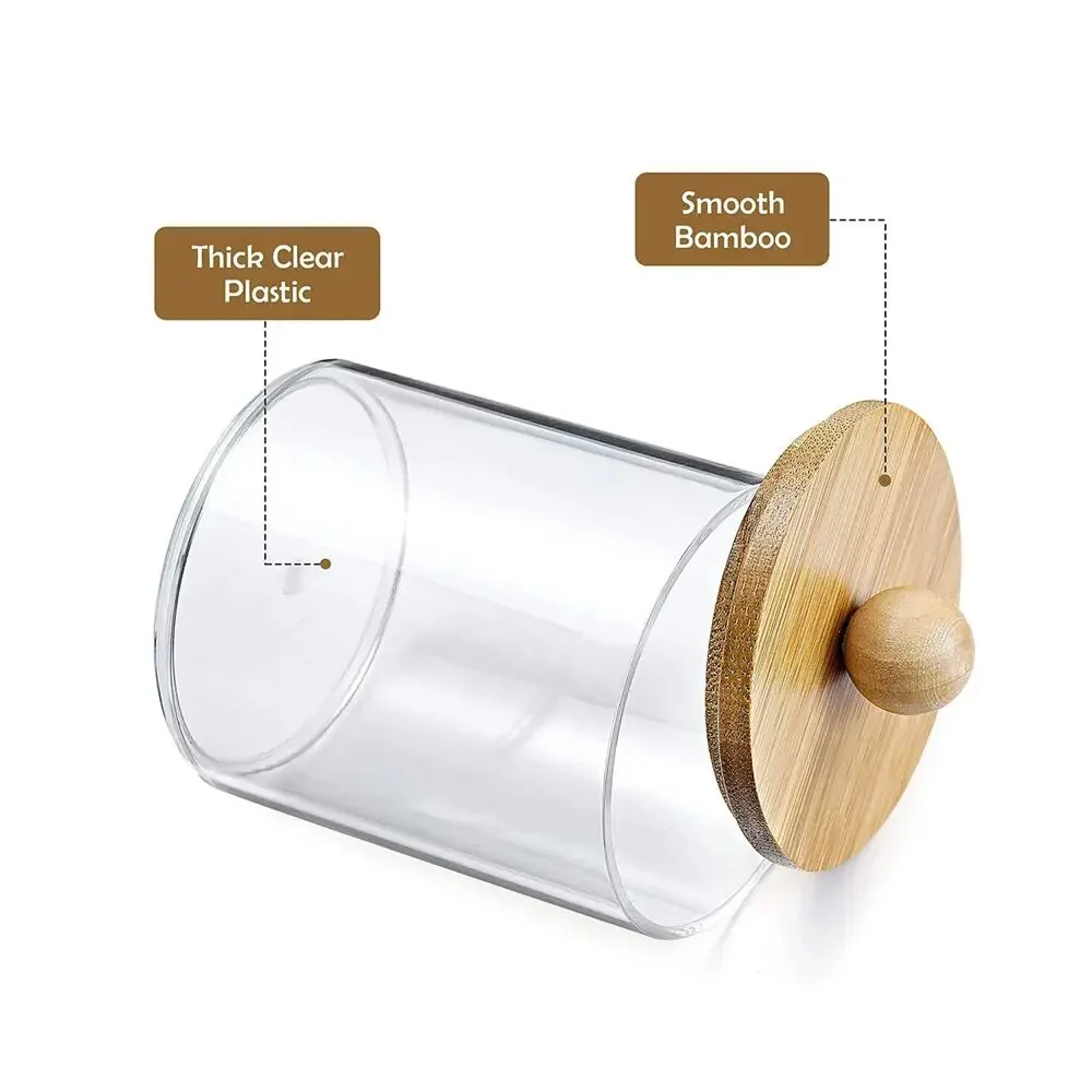 4 Pack Qtip Holder Dispenser with Bamboo Lids Clear Plastic Bathroom Storage